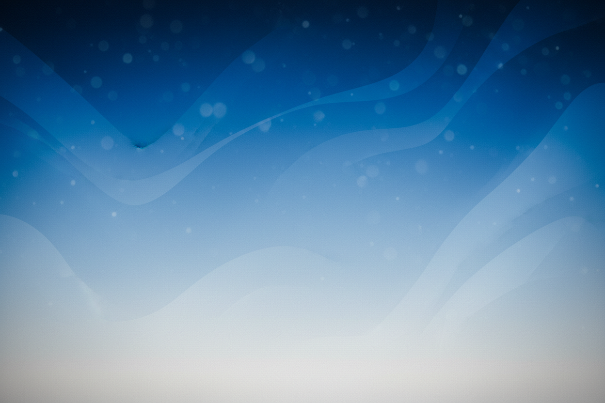 Create a high-resolution, abstract ambient background in cool blues (navy → royal → light blue). No objects, people, or text. Use a soft vertical gradient with subtle wave/bokeh texture: the top 60% should be distinctly darker for white text readability; the bottom 40% should fade toward near-white so it visually blends into the next white section. Add a slight vignette on the sides, preserve generous centered negative space for headings, and avoid busy patterns. Include light film grain/dither to prevent b